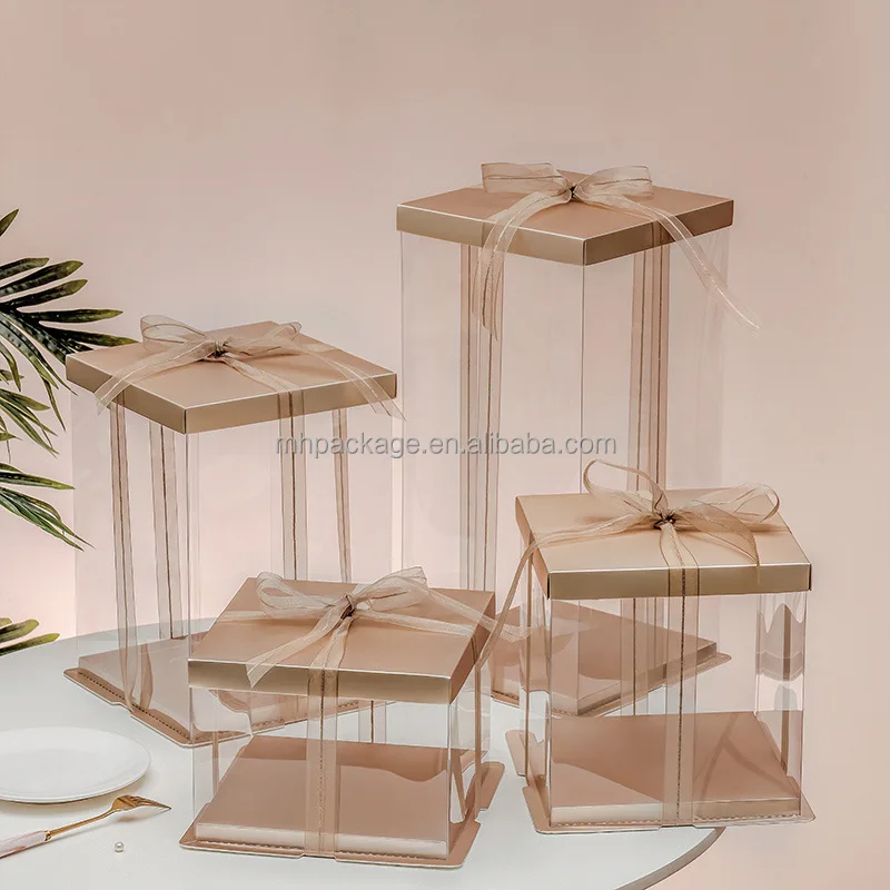 Square Pink Packaging Plastic Birthday Party 4 inch 6 inch 8 inch 10 inch 12 inch Clear Cake Boxes With Ribbon