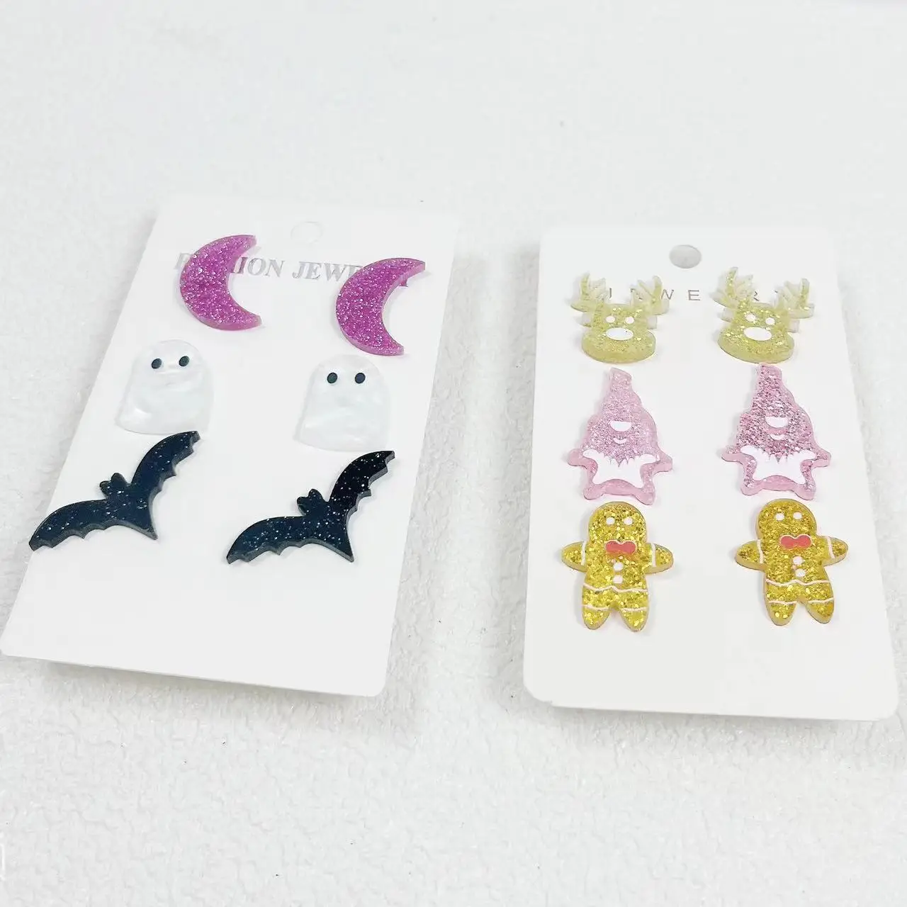 3 Pairs of Intricately Designed Black Bat, Purple Moon, And White Ghost Stud Earrings Set Cute Halloween Dangling Earrings Pack