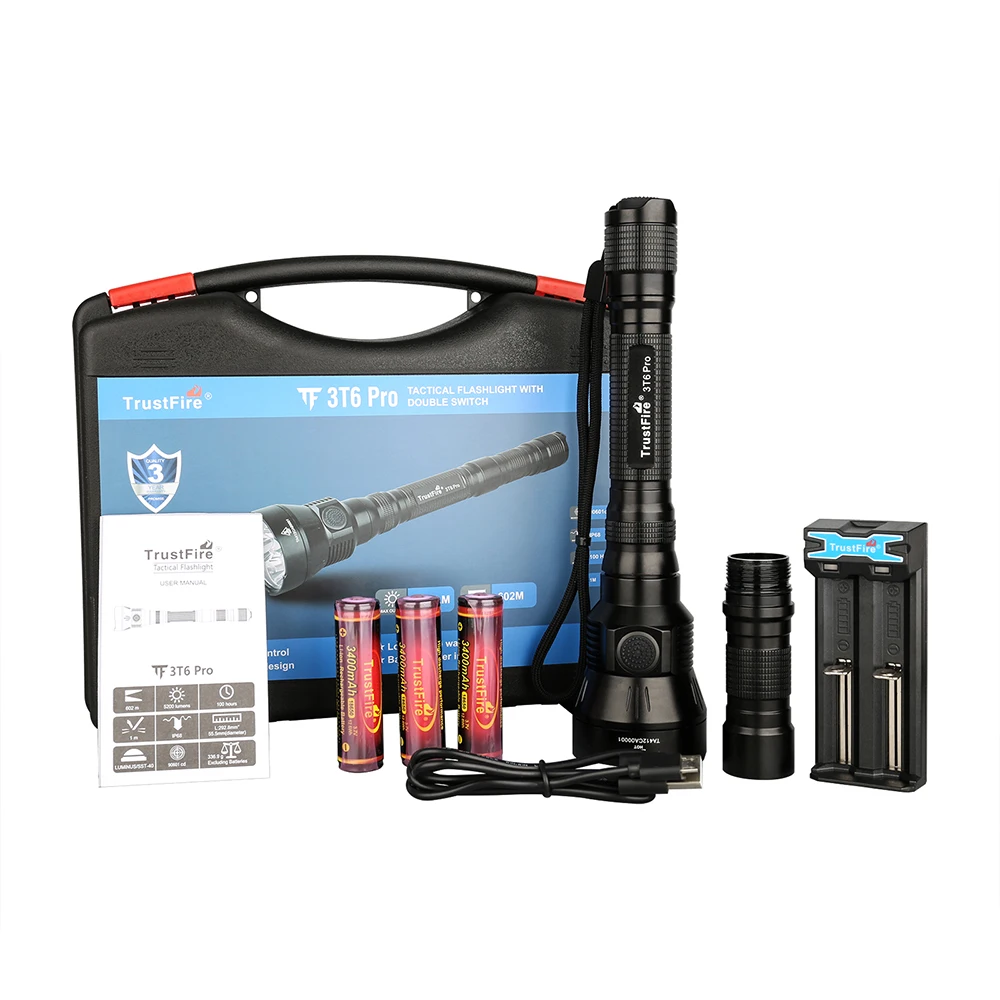 TrustFire 3T6 Pro 5200Lm 3*LED Powerful Search Light 620M Hunting Torch Escape Tactical Flashlight