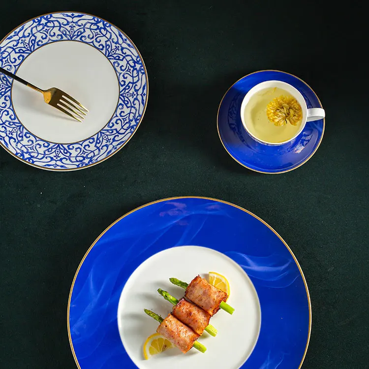 Porcelain Commercial Restaurant Supply Crockery Tableware Decal Blue Bone China Dinner Plate Dishes