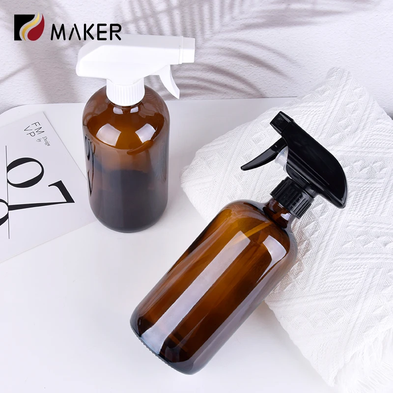 500ml amber brown boston round refillable shampoo dispenser lotion glass spray bottle with trigger sprayer pump for liquid soap