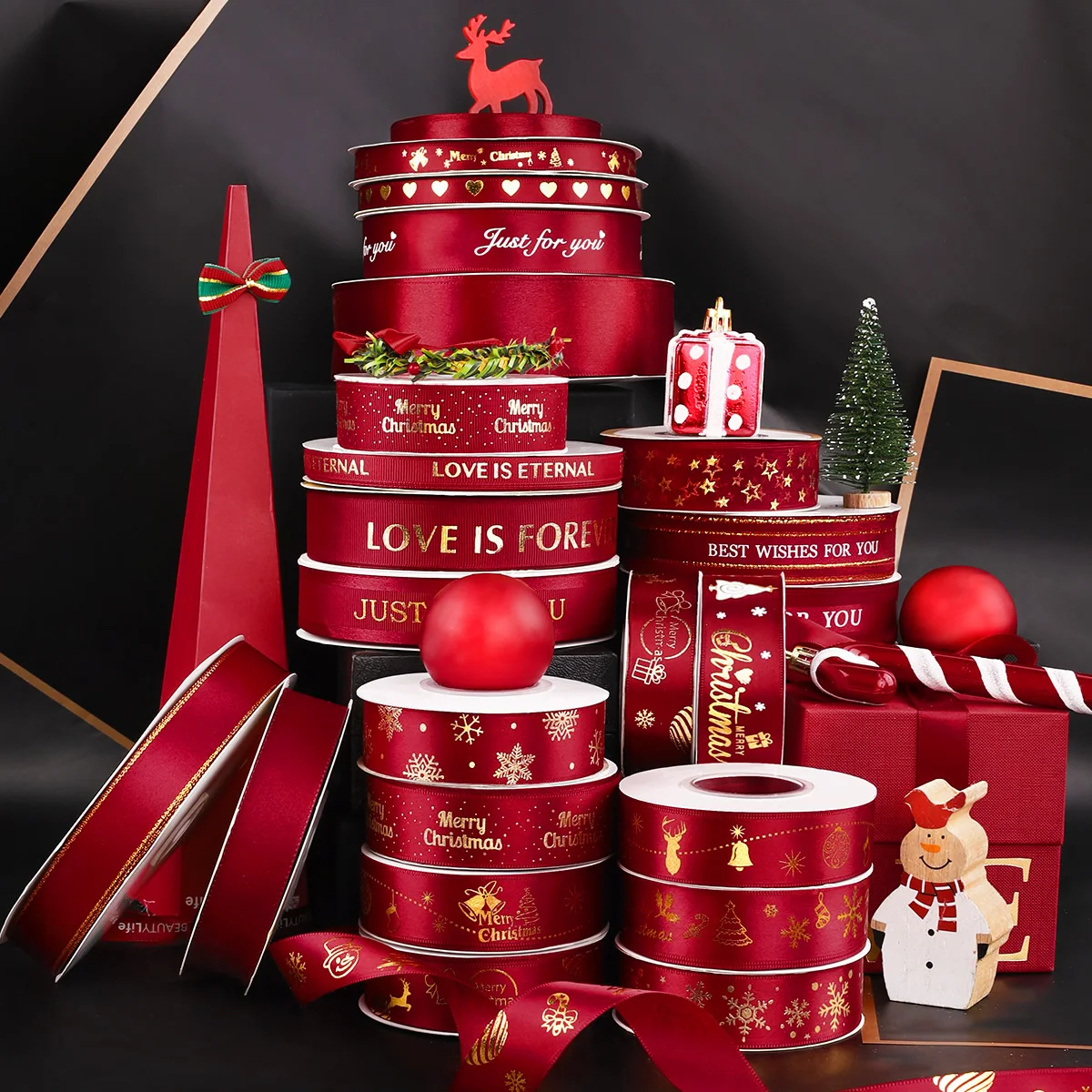 Зеленая Красная рождественская елка Лось колокольчик пятна Гро-Гро Новогодняя лента