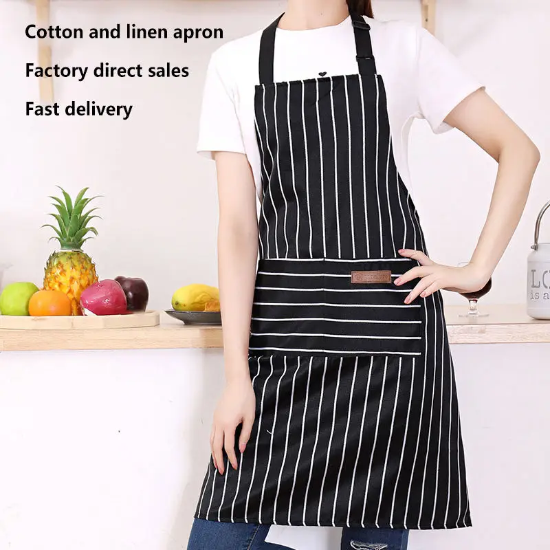 Logo Custom Wholesale Unisex Cooking Bib with 2 Pockets Vintage Ticking Stripe Pattern Red White Bakers Apron