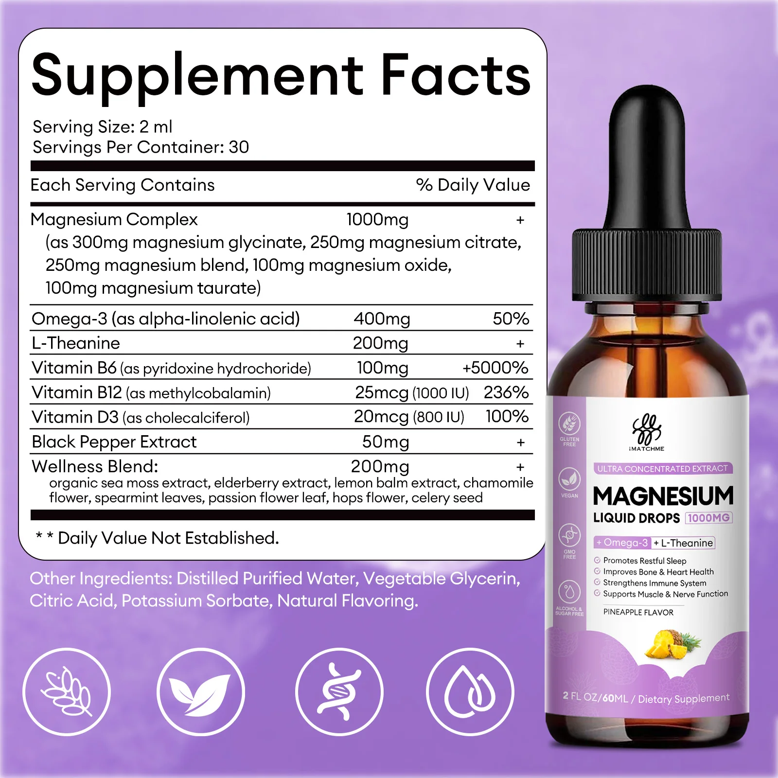 OEM 60ml Omega 3 Multivitamin Magnesium Glycinate Complex Liquid Drop Supplement for Bone Health