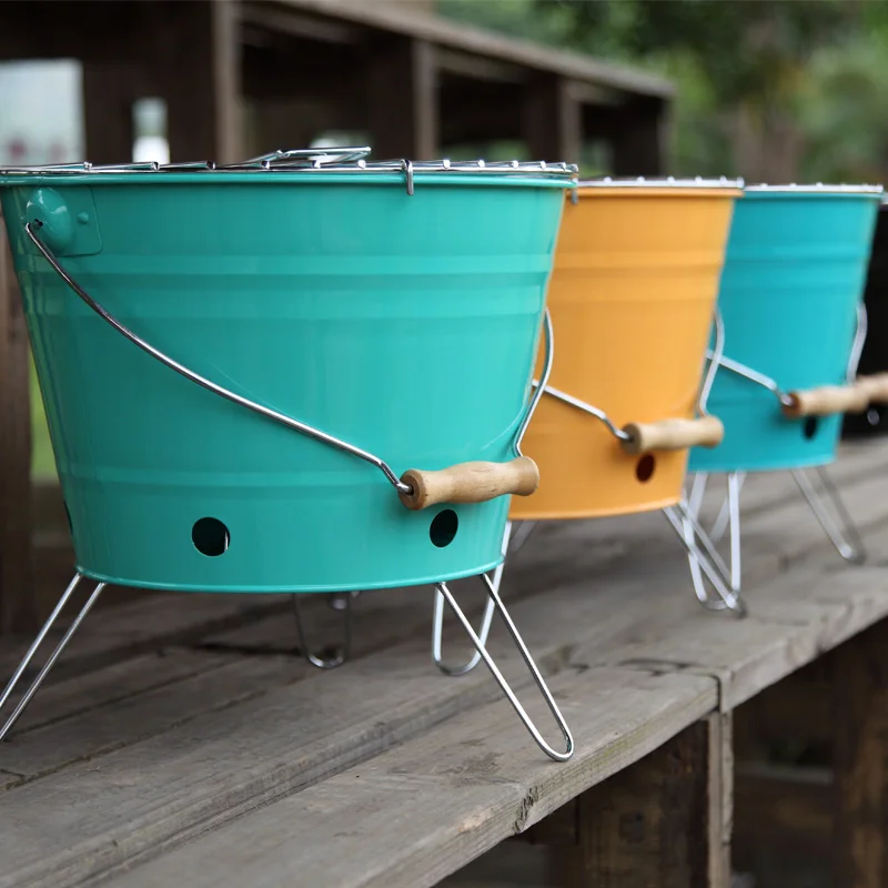  Portable Metal Outdoor Round Shape Pail Barbeque Bucket Bbq Charcoal