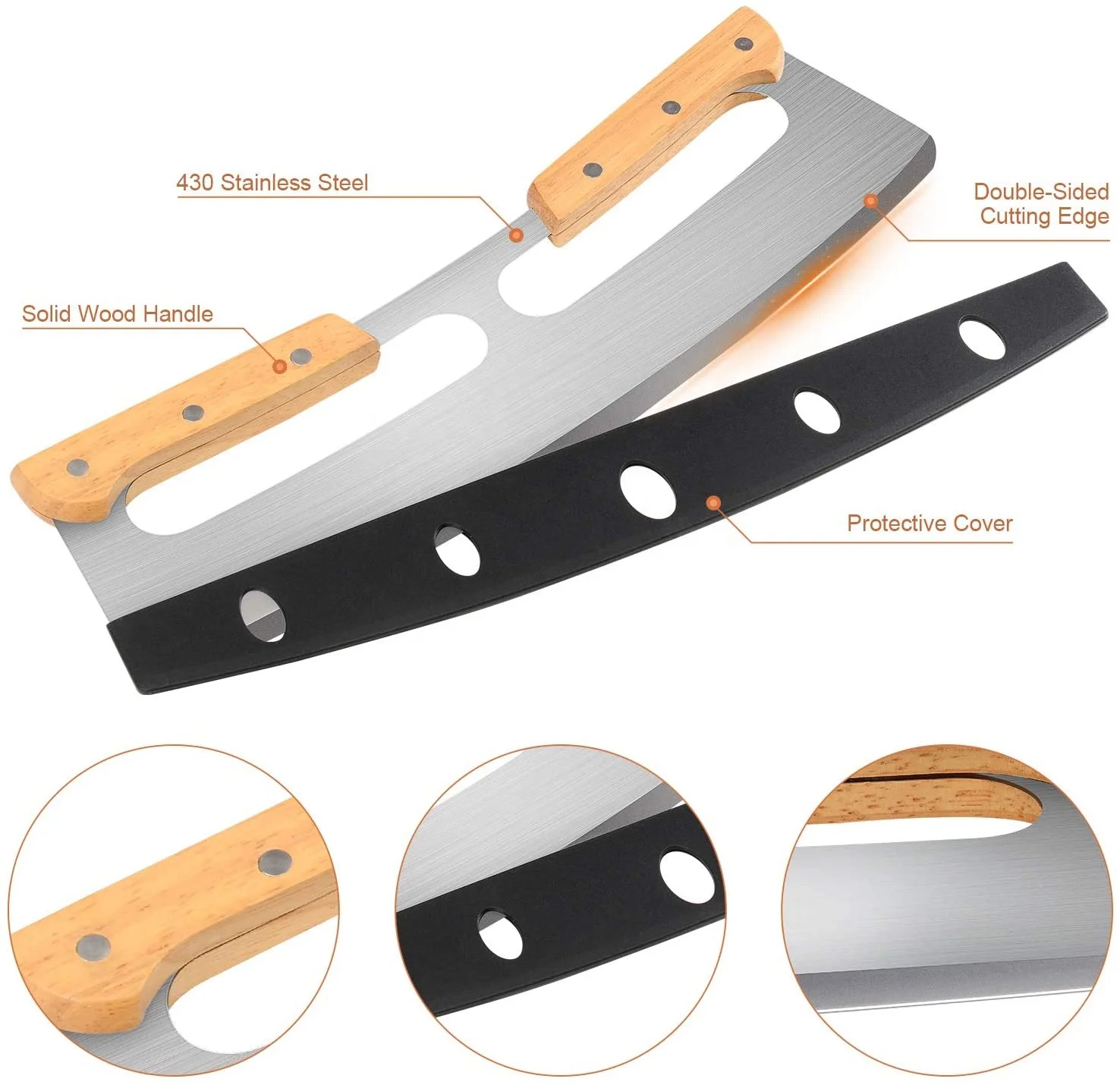 Custom Sharp Blade Stainless Steel Big Pizza Knife Cutter 14 inch Pizza Cutter Rocker cortador de pizza with Wooden Handles