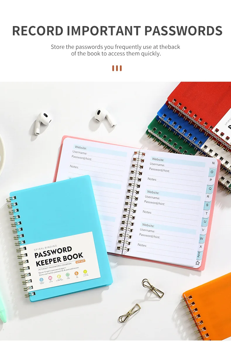 A6 Student Password Organizer Easy-to-Use Internet Keeper Secure Management PVC Cover Spiral Binding Notebook Alphabetized Tabs