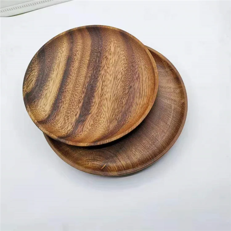 Hot Sales 10 inch Natural Wooden Steak Serving Plate Customized LOGO Wholesale Souvenir Round Acacia Wood Dinner Plate