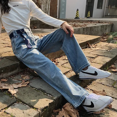 
High waist wide leg trousers female waist adjustable belt design street women jeans 