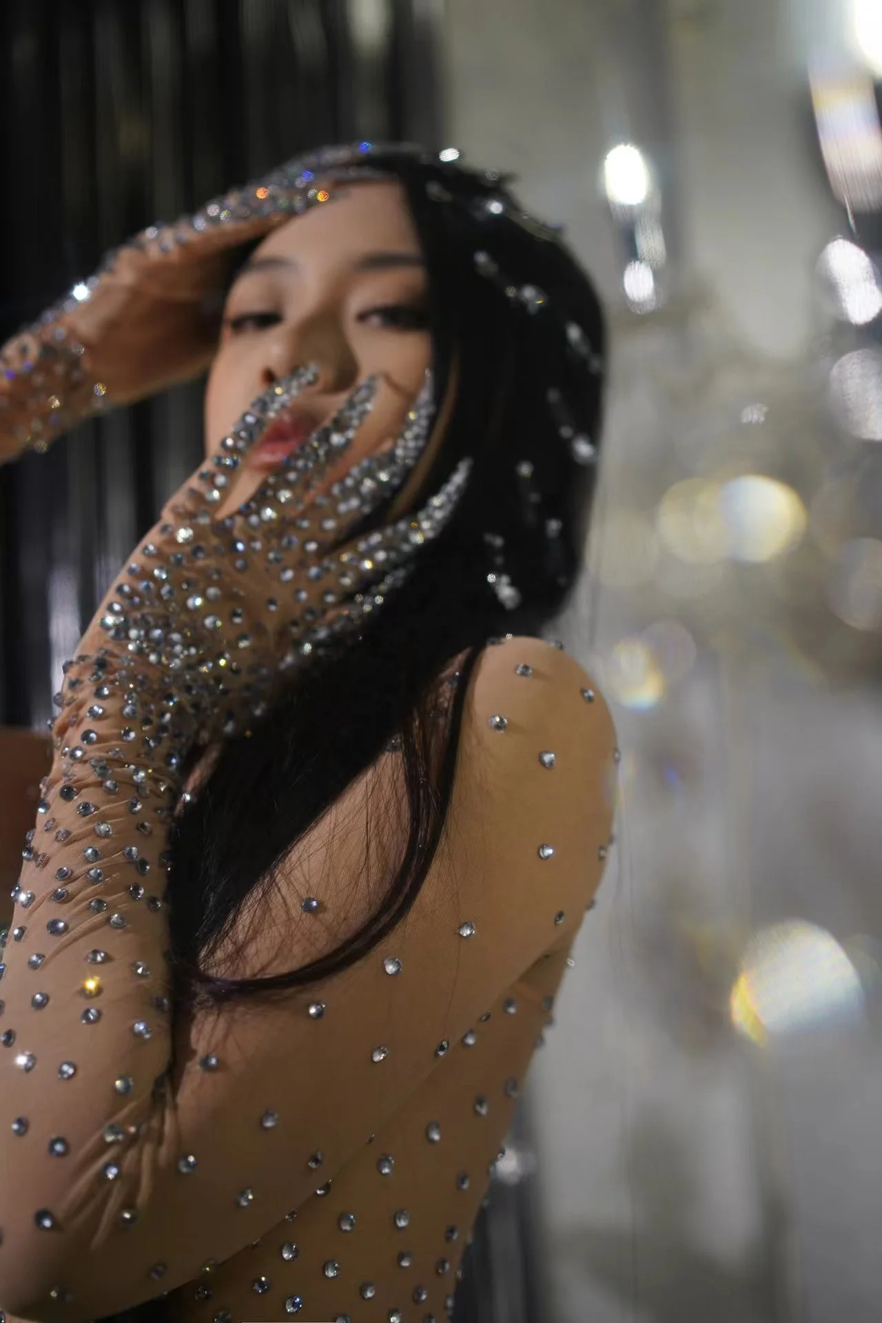 Wholesale Sexy See Through Mesh Rhinestone Bodysuits Ladies Dancer Performance Wear Bodycon Rompers Women Party Jumpsuits