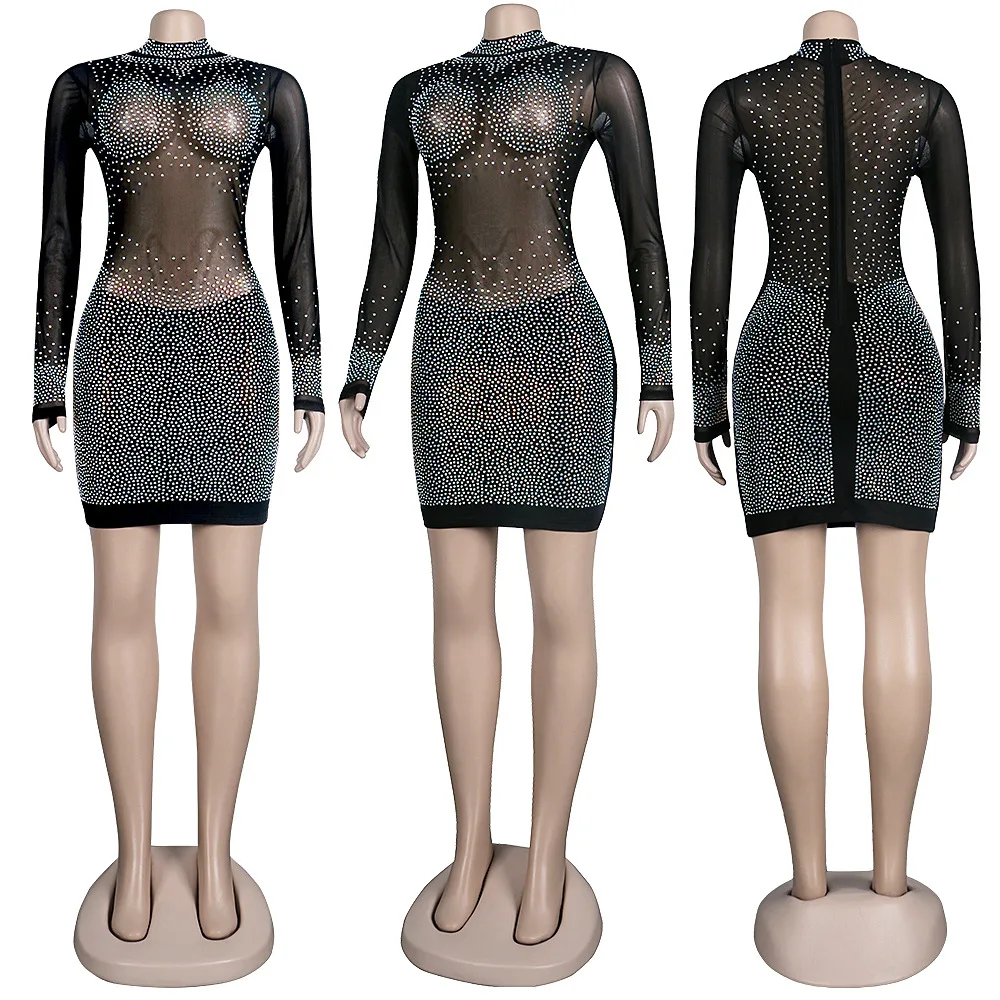 Drop Shipping Long Sleeve Bodycon Dresses Club Mesh Sexy Transparent Women Rhinestone Dress