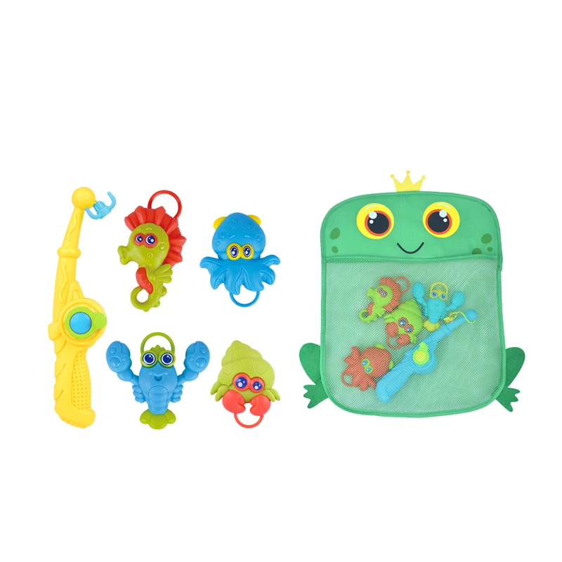 Newest water cute hanging fishing rod bath toys mesh storage bag for kids
