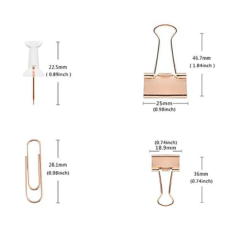 4-in-1 Rose Gold Paperclips Sets Notes Letter Ticket Bookmark Clamp Push Pins Binder Paper Clips for Student Office