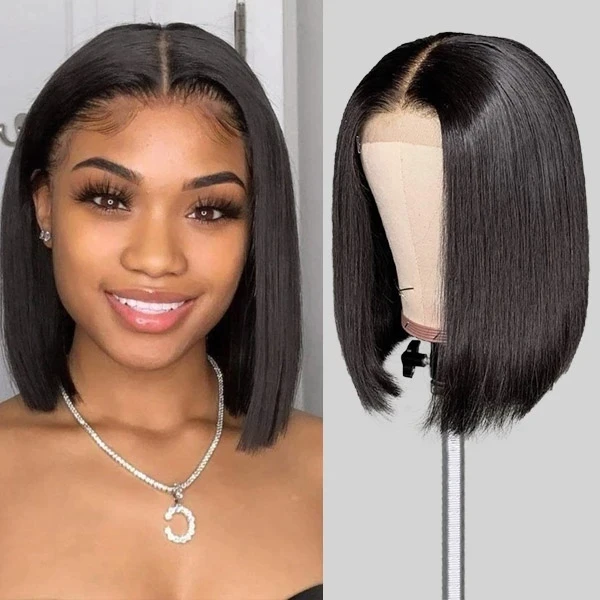 14 Inch 13x4 Lace Frontal Wig Virgin Human Hair Peruvian Black Natural Hair Wig 5X5 HD Lace Straight Cut Short Bob Wig