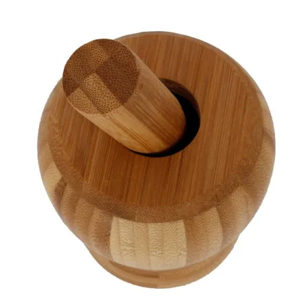 Household kitchen round manual garlic masher food spice grinder bamboo wood mortar and pestle set