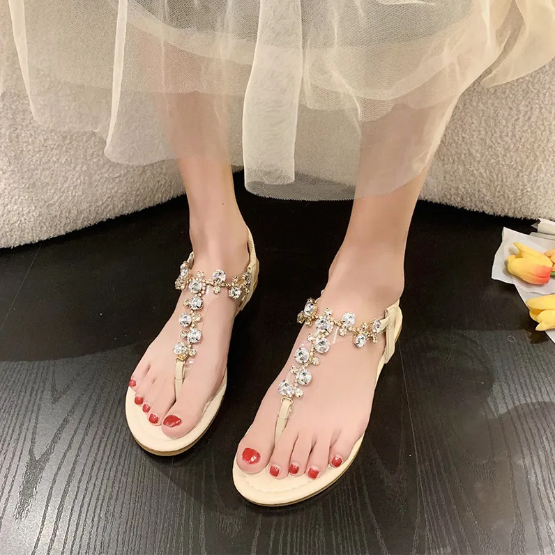 Summer Woman Flat Sandals Fairy Style Rhinestone Chain Thong Flats Bottom Clip-on Girl OuterWear Fashion Beach Shoes