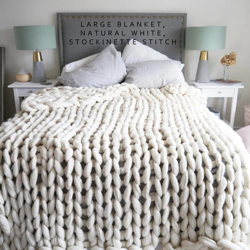 Hand Made Chunky Merino Wool Blanket Roving Knitted Plaid Blanket Warm Throw Blanket Thick Big Yarn Custom Opp Bag Woven Tassels