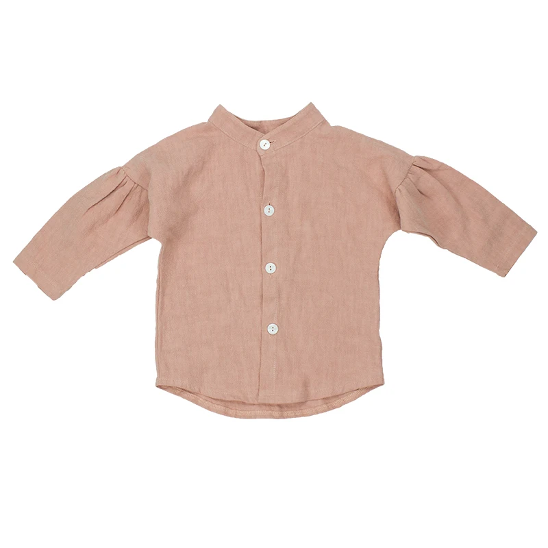 
Best Selling Pink Solid Woven Cotton Buttons Long Sleeve Unisex Baby Wear T-shirt 