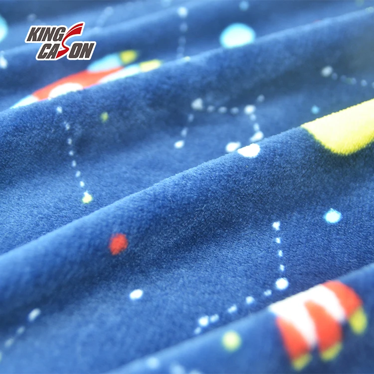 Kingcason OEM Custom Space Pattern Printed Blue Recycled 230gsm 240gsm 1.6m Coral Flannel Fleece Fabrics For Winter Home Textile