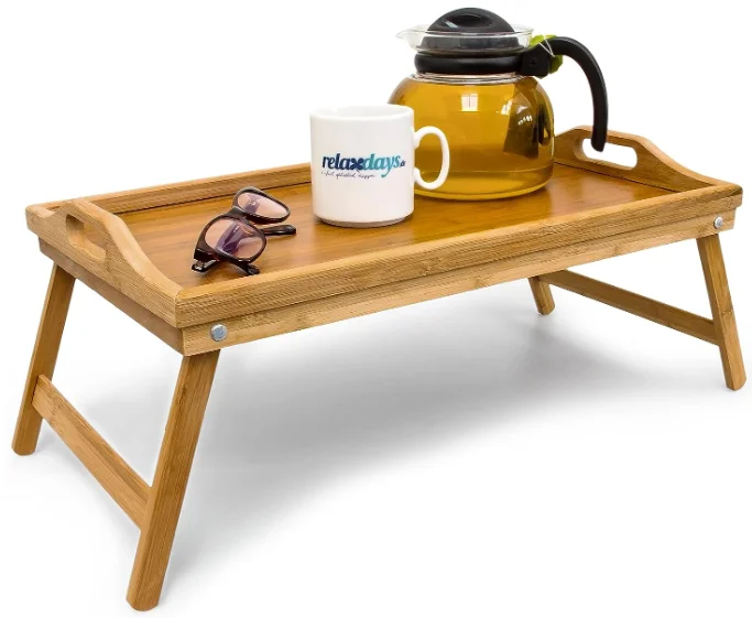 Foldable Tray Table Breakfast Tray Bamboo Bed table with leg Wooden Expendable Food Tray for Hotel and House Using