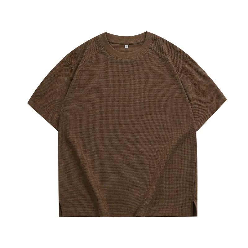 220G 52% Cotton 48% Polyester Vent Split Bottom Round Neck Custom Cotton Waffle Knit T - Shirt