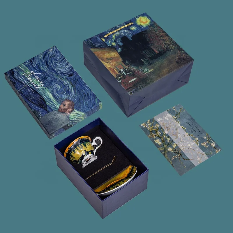 Coffee And Tea Set Bone China Tea Set Oil Painting Style Van Gogh Tea Cups With Delicate Gift Box And Spoon Saucer