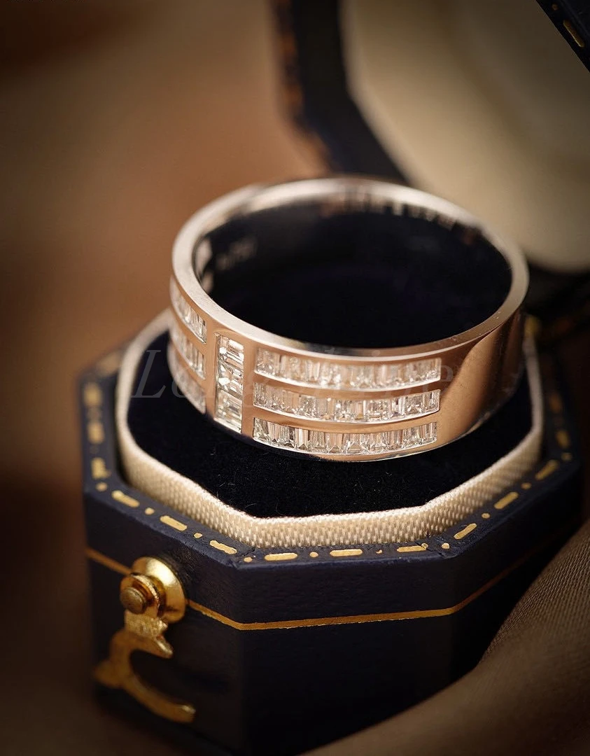 Longshine Fashion 3 Rows Baguette Diamonds Men Wedding Band White Color Ring