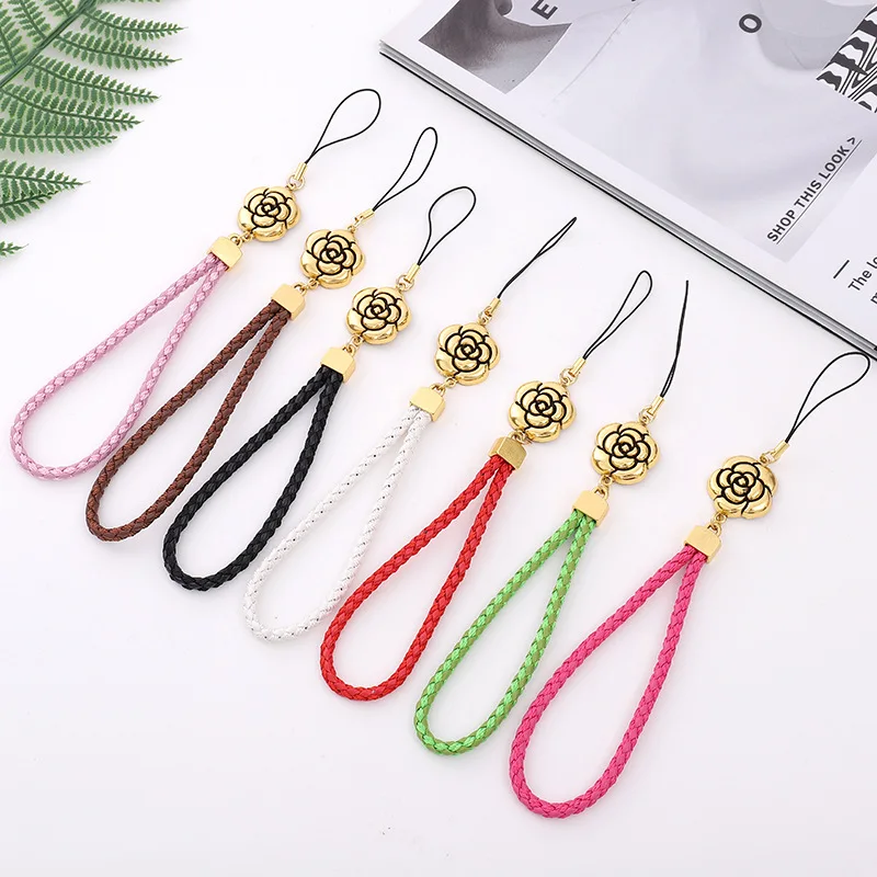 Small Gifts New Camellia Mobile Phone Chain Retro Flower Mobile Phone Rope Leather Braided Rope Mobile Phone Lanyard