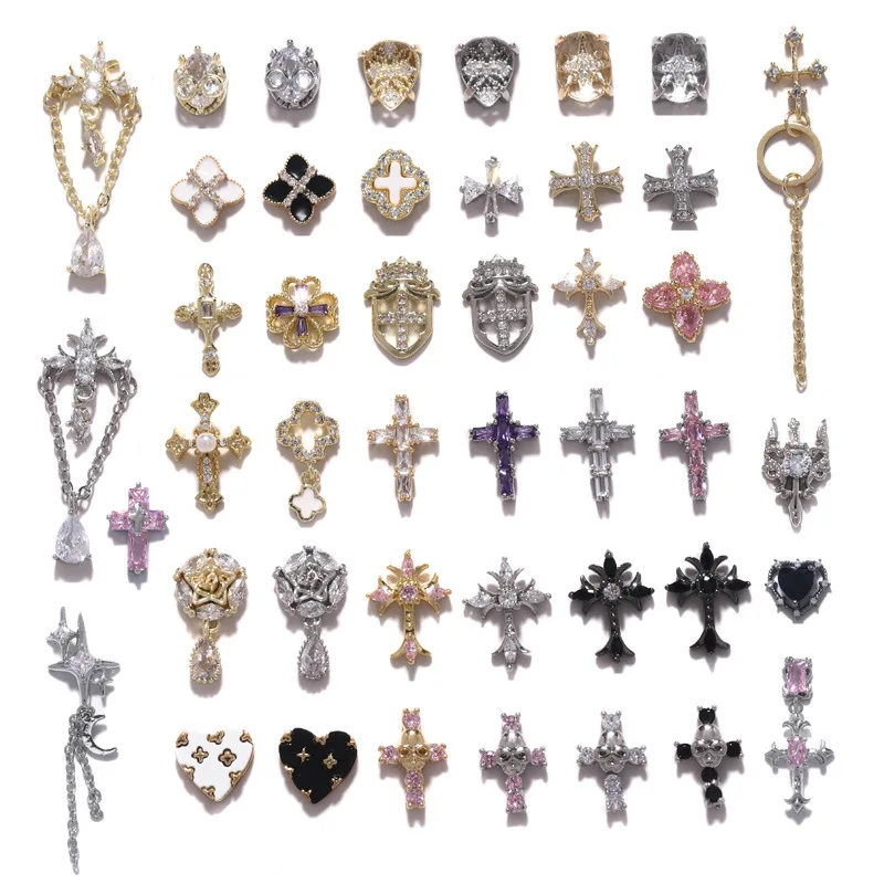 Chic Luxury Nail Art Charm Colorful Cubic Zircon Brass Nail Drill Skeleton Skull Cross Clover Heart Nail Sticker Finger Jewelry