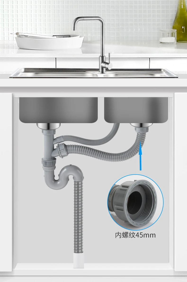 Siphon 304 Stainless Steel Kitchen Sink Double Bowl Siphon Flexible Drain Pipe Double Heads Kitchen sink Waste Strainer