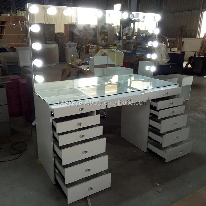 Commercial salon furniture vanity table dressing tables white salon mirror professional makeup station with lights
