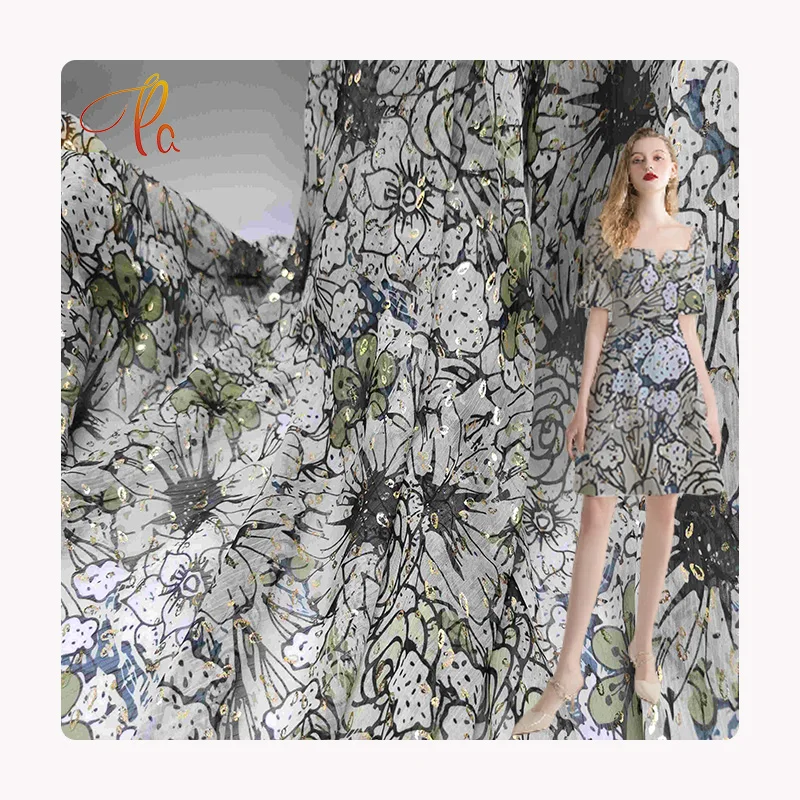 Hot selling New Style Soft Gold Foil Printed Crepe Chiffon Fabric For Dresses