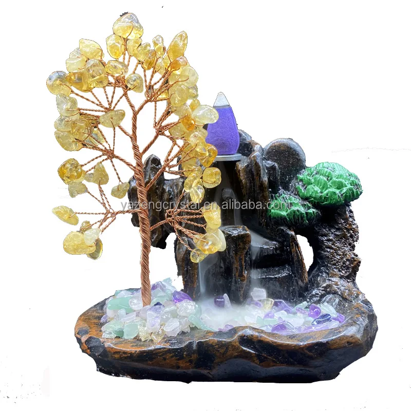 Natural Crystal Chips Tree  Meditation Aromatherapy Ceramic Backflow Incense Holder Handmade Waterfall Incense Burner