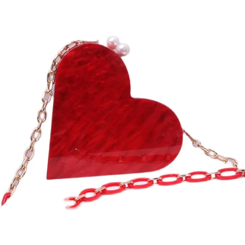Unique Designer Acrylic Clutch Fashion Cute Red Heart Shape Pearl Chain Party Evening bag Women Shoulder Bags Hot Handbag Purse