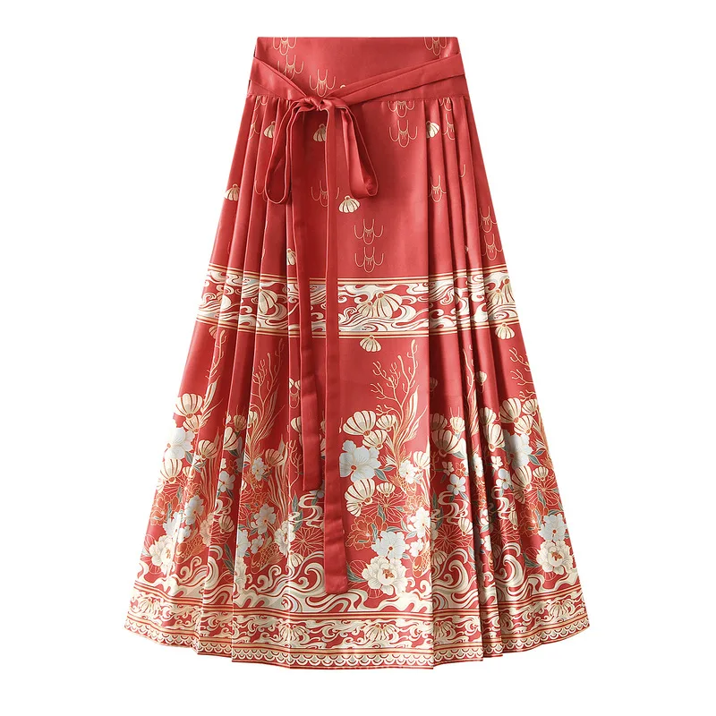Vintage Chinese Style Women Pleated Skirt Traditional Hanfu Inspired Horse Face Skirt New  Printed Long Skirt for Women