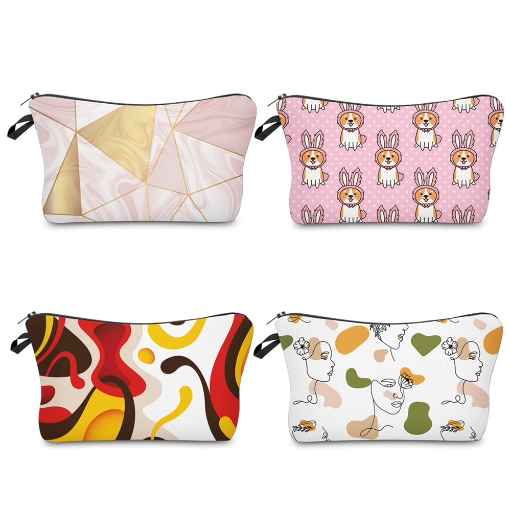 Wholesale Custom Logo Travel Makeup Pouch Marbling Corgi Artistic Portrait Face Art Printed Polyester Zipper Cosmetic Bag