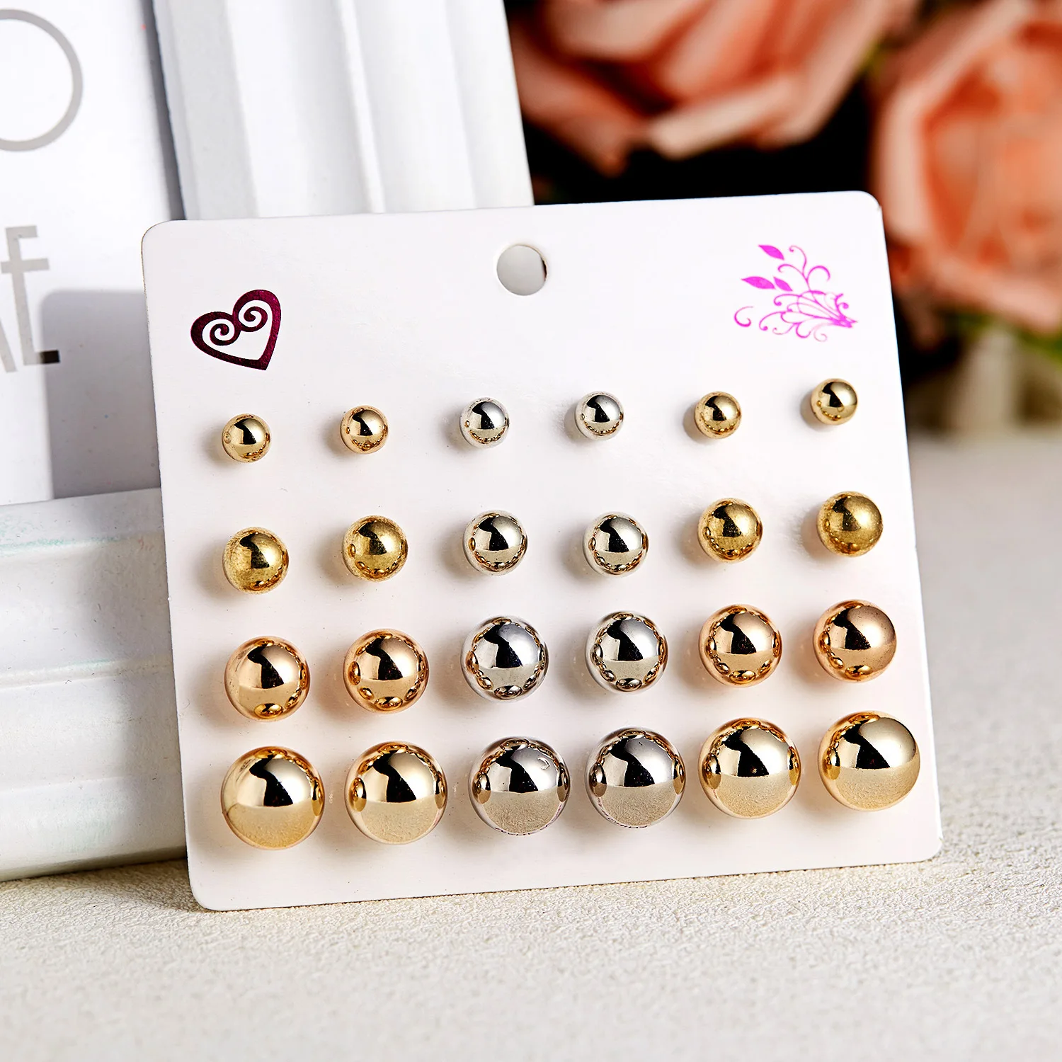 Rinhoo Korean fashion earring set with 12 pairs of round small accessories, zircon card earrings, mixed color pearl earrings
