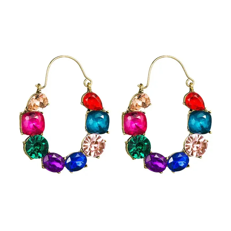 Fashion Big Brand Alloy Set With Diamond Colorful Acrylic Earrings Feminine Graceful Bling Rhinestone Lock Earrings