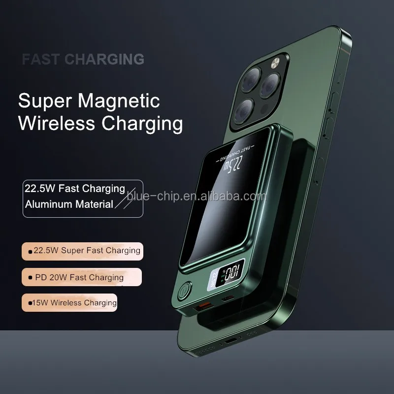 Newest Portable Charger 5000mah 10000mah Mini Power Bank Magnetic Wireless Charging Metal Power Banks With Led Display