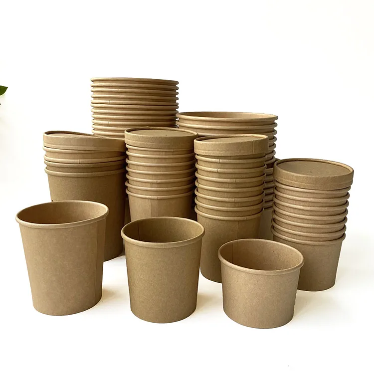 
custom compostable disposable biodegradable kraft paper soup cup with paper lid printing 