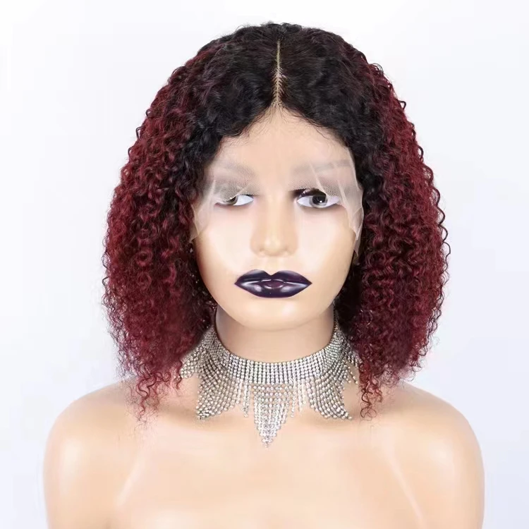 180% density T part lace color wigs 14 inch kinky curly bob wig 100% human hair wigs