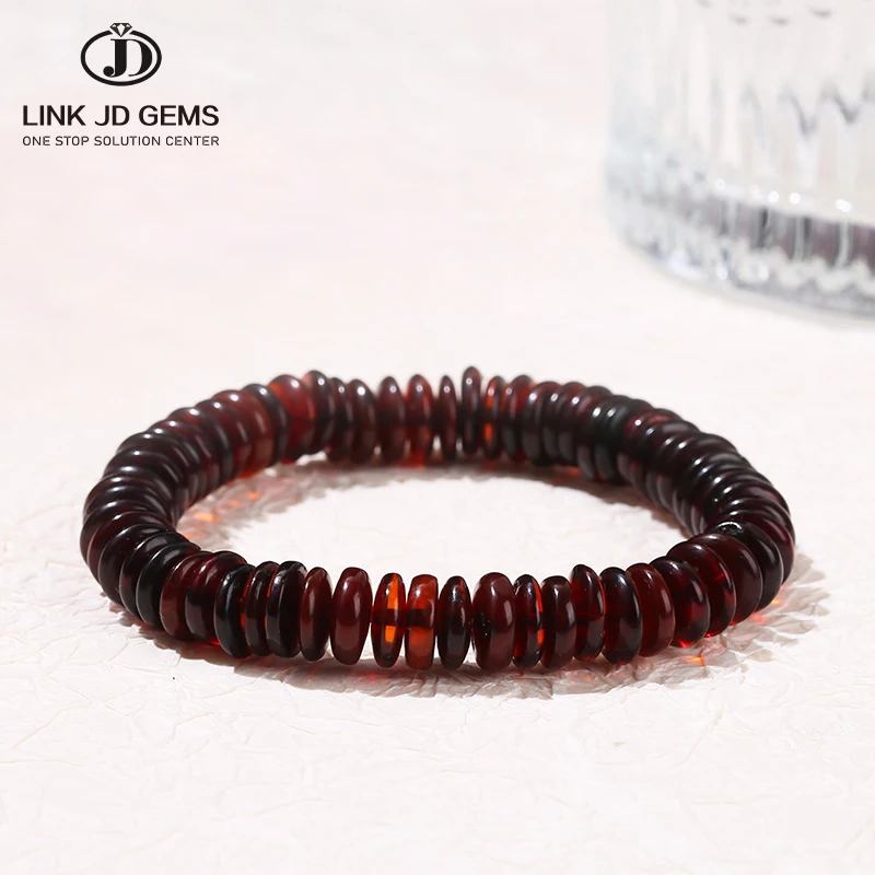 JD GEMS Natural Stone 100% Real Healing Amber Beads Bracelet Natural Blood Red Amber Flat Round Spacer Beaded Bracelet