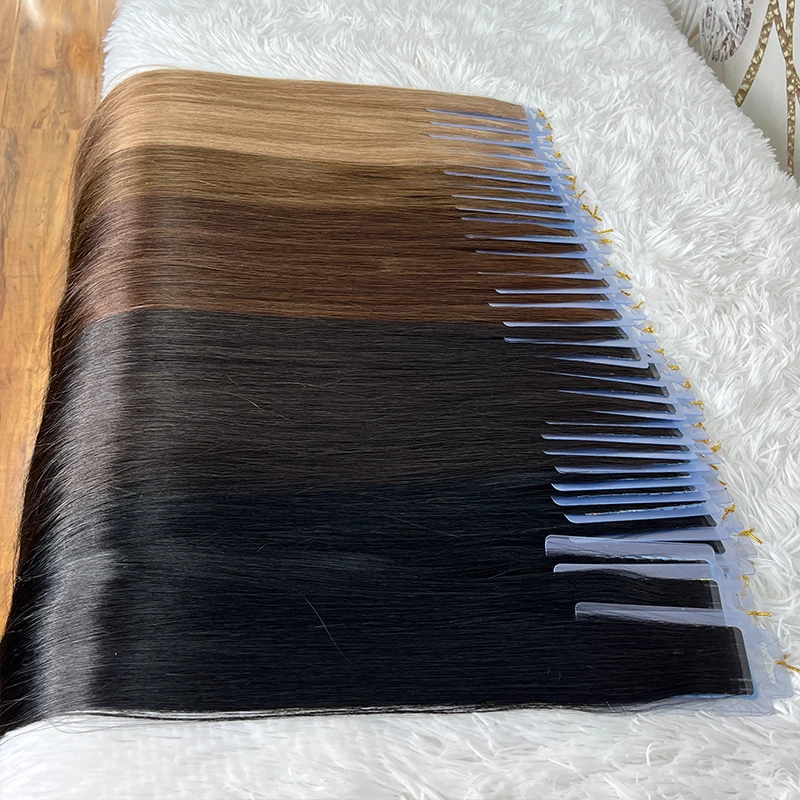 Оптовая продажа русские девственные волосы Remy тонкие наклейки лента пополам скрытые двойные вытянуты человеческие для наращивания