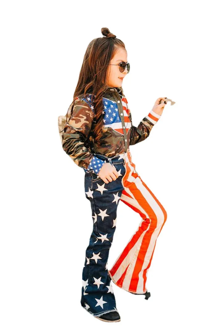 Women American Independence Day Flag Print Flared Jeans Parent-child Pants
