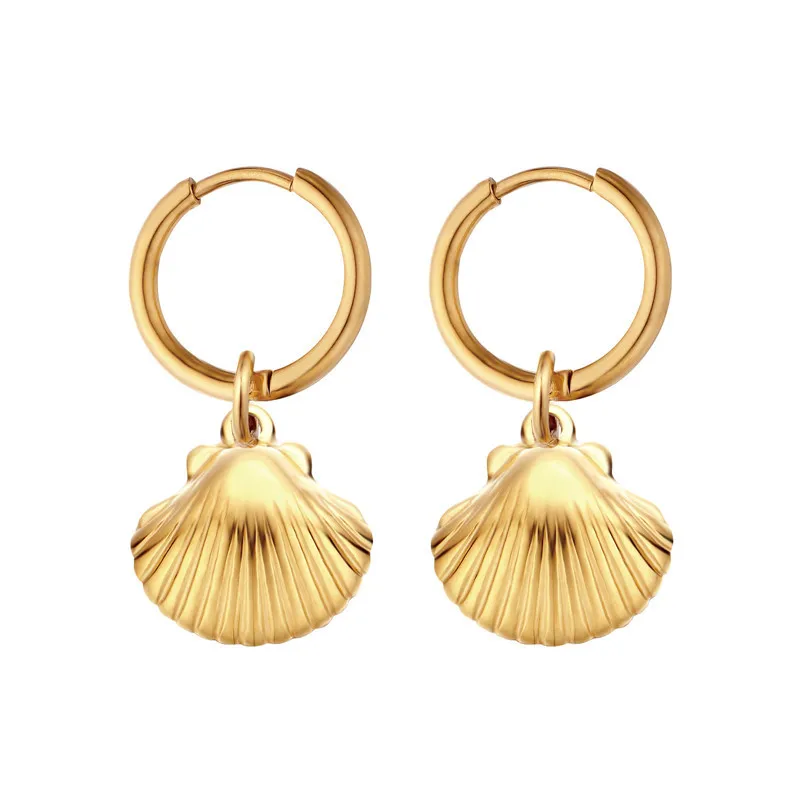 Stainless Steel Shell Pendant Earrings Dangle Drop Gold Hoop Earrings for Women Fashion Lady Best Gift
