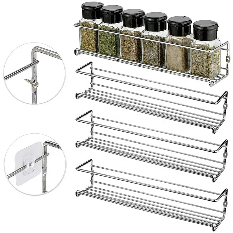 Punch-free Kitchen Fridge Cabinet Spice Rack Organizer Iron Wall Mounted Chrome 4 Tier Hanging Shelf for Spice Mason Jar