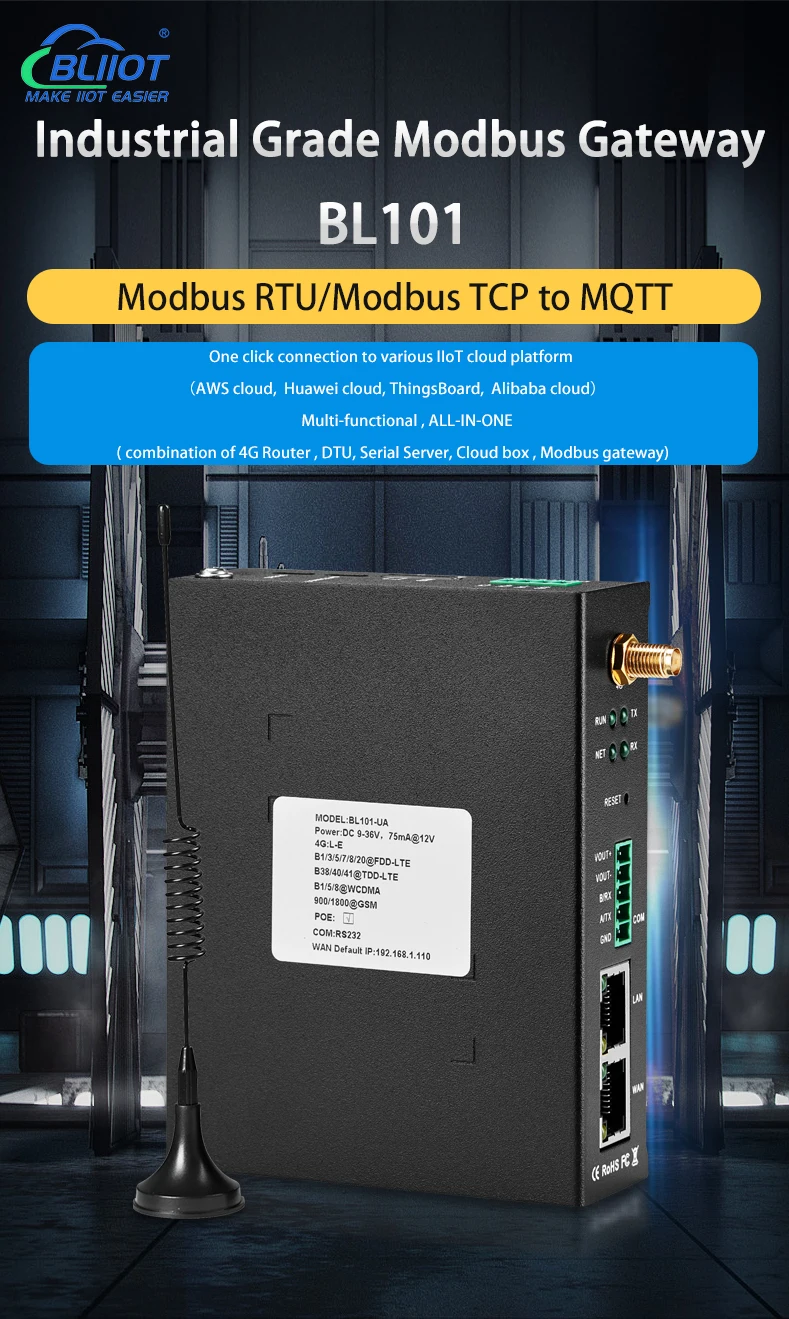 BL101 Converting Modbus TCP to MQTT over 4G/Ethernet Network
