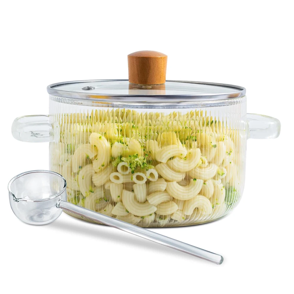 High- quality Food-grade Heat directly Factory striped Glass Pots With Bamboo Lid and Glass Spoon For Soup ond Salad