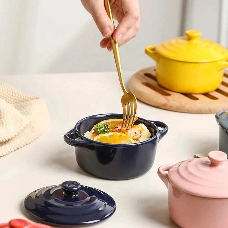 European Style Two Ear Soup Bowl Set Light Luxury Microwave Ceramic Baking Bowl Creative Ceramic Soup Bowl With Lid