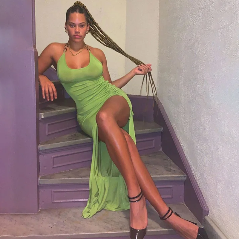 halter neck design green long dress backless sexy bodycon tight dress for ladies
